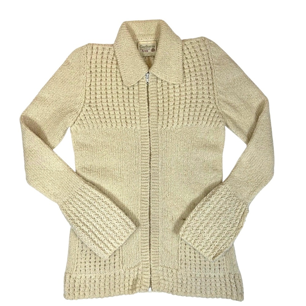Gaeltarra Handloomed Aran Wool Zip Cardigan Sweater Cream Ireland Vintage 86cm